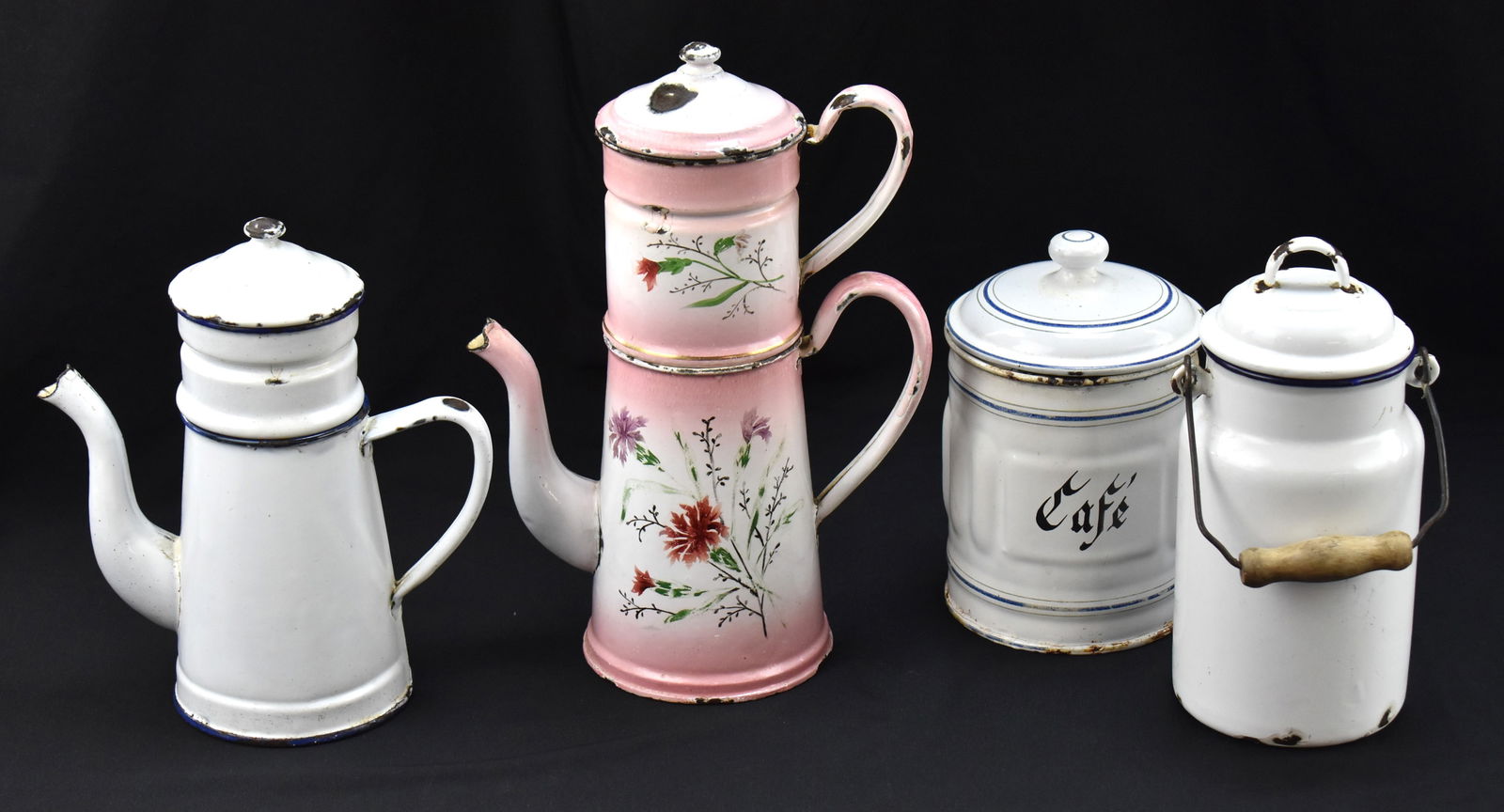 EARLY 20TH CENTURY FRENCH ENAMELWARE: BIGGINS COFFEE POTS, CAFE CANISTER, & MORE: This lot includes the following French enamelware, circa early 20th century: two biggin drip coffee pots, enamelware "Cafe" canister, and an enamelware milk can. The item measures 11.5" H, 8.5" W,