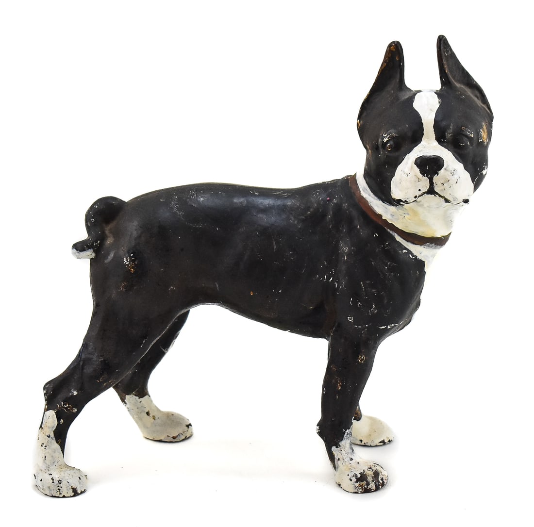 ANTIQUE CAST IRON BOSTON TERRIER DOORSTOP: A circa early 1900s, cast iron Boston Terrier doorstop measuring 10"H x 10"W x 4"D.