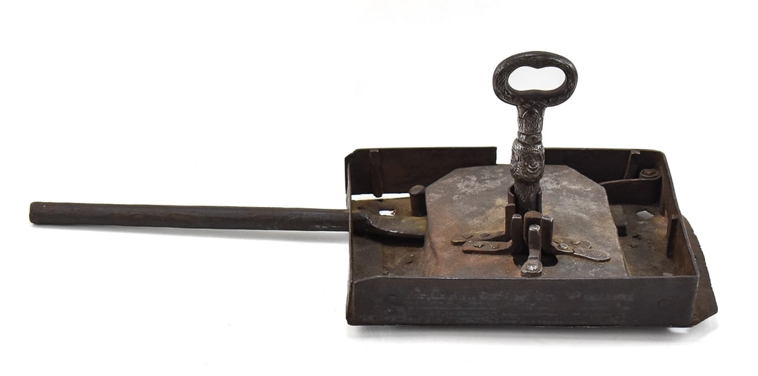 ANTIQUE WROUGHT-IRON LOCKING DOOR HARDWARE WITH FIGURATIVE KEY: Antique circa 18th-century large wrought-iron locking door hardware with figurative key. Overall measures 9.5" H x 23" W x 9" D.