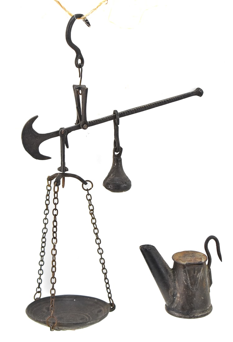 19TH C. OTTOMAN BALANCE SCALE & COAL MINER'S TEAPOT OIL CAP LAMP: This lot contains a 19th century Ottoman Empire cast iron scale with weight and tray included. The tray and balance arm are inscribed with Ottoman Arabic numerals. This lot also contains a coal miner'