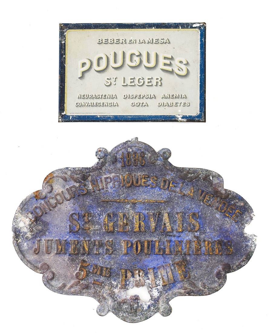 ANTIQUE 1890 FRENCH CAST IRON BREEDING PLAQUE & SPANISH ADVERTISNG ENAMEL SIGN: A antique 1890s French cast iron breeding plaque measuring 9.5" H x 13.5" W x .25" D for 5th place in a horse show, and a smaller enameled sign in Spanish advertising the health benefits of Pougues mi