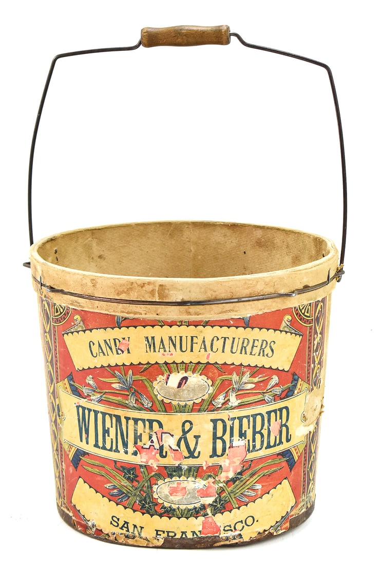 CANBY MANUFACTURERS WEINER & BIEBER 'ADMIRATION SWEETS' CANDY BUCKET: A Canby Manufacturers - San Francisco Weiner & Bieber "Admiration Sweets" handled candy bucket, circa early 20th century. The item measures 9.5" H, 11" W, 14.5" D.
