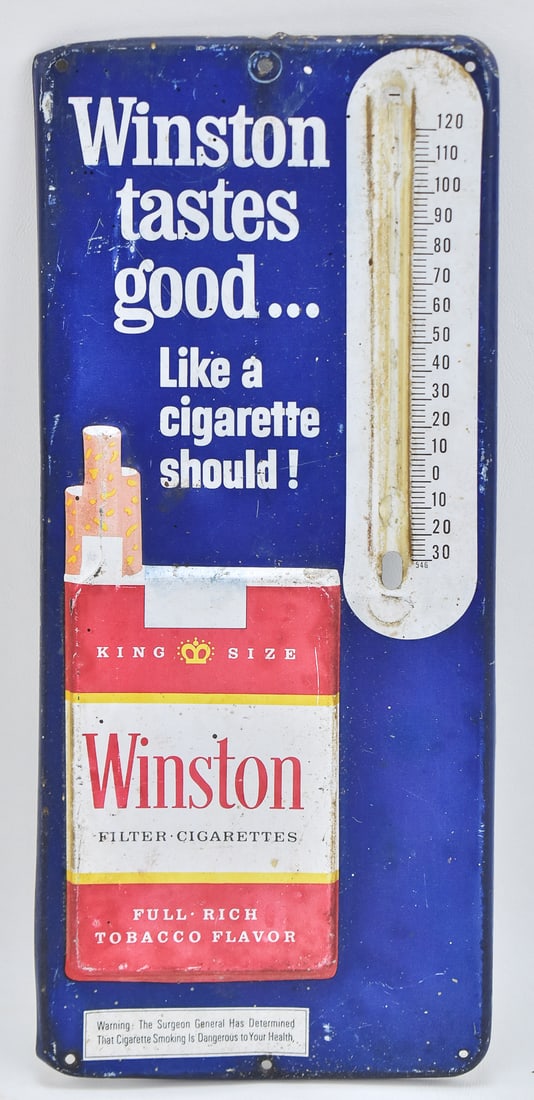 WINSTON CIGARETTES ADVERTISING THERMOMETER SIGN: A Winston cigarettes tin litho advertising thermometer sign, circa 1960s. The item measures 0.5" H, 6" W, 13.5" D.
