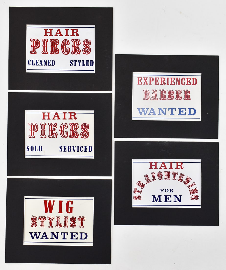 5 BARBERSHOP SIGNS: A collection of five small barbershop window signs that have been set into black matting. Each sign measures 8" H x 10" W x 0.1" D.
