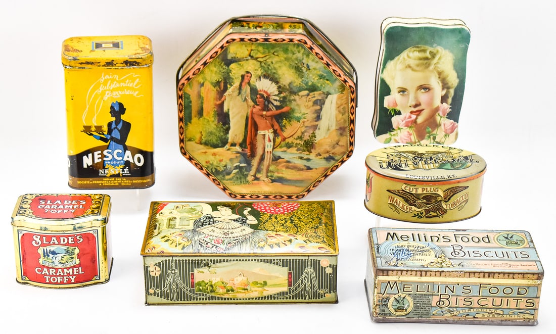 ASSORTED TINS: T. WALKER, THE ROYAL TOFFY CO., LOOSE-WILES, & MORE: This lot includes the following candy, coffee, and tobacco tins circa early-late 20th century: T. Walker Companies "Universal Tobacco", The Royal Toffy Company "Slade's Caramel Toffy", Mellin's Food C