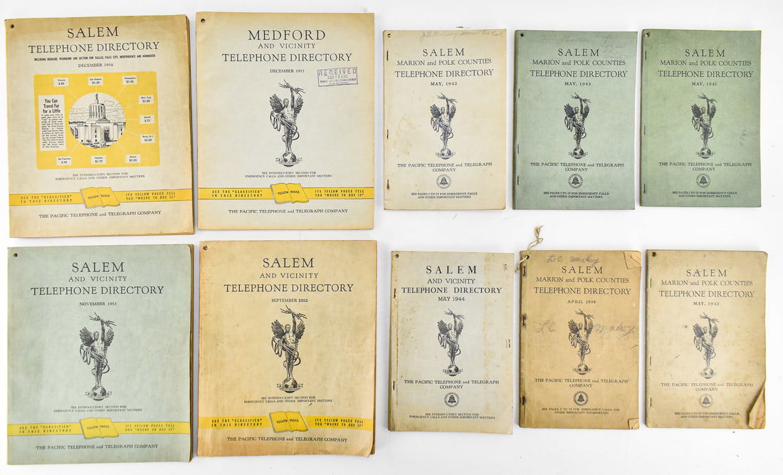 NINE PACIFIC TELEPHONE & TELEGRAPH CO. DIRECTORIES: SALEM, MARION, POLK, & MEDFORD: This lot includes nine telephone directories by The Pacific Telephone and Telegraph Company covering Salem, Marion, Polk, Medford counties from the following years 1938, 1941-1944, and 1952-1954. The