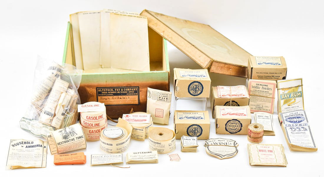 ALTSOCK, FAY & COMPANY OF PORTLAND OREGON NEW OLD STOCK PHARMACY LABELS: An Altstock, Fay & Company - Portland, Oregon box with over 1,800 new old stock pharmacy (druggist) labels, circa turn of the 19th century. The advertised companies include Cottel Drug Company,