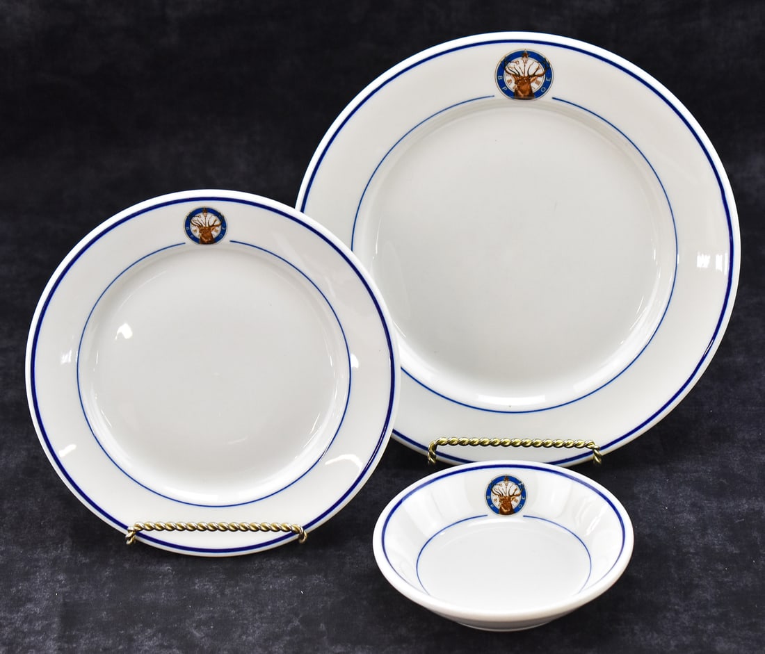 BPOE ELKS DINNER PLATE, SALAD PLATE, & FRUIT BOWL: A set of dishware from the Benevolent and Protective Order of Elks made by Syracuse China. The set includes a dinner plate, a salad plate, and a small fruit bowl. The dinner plate measures 1" H x 9" W