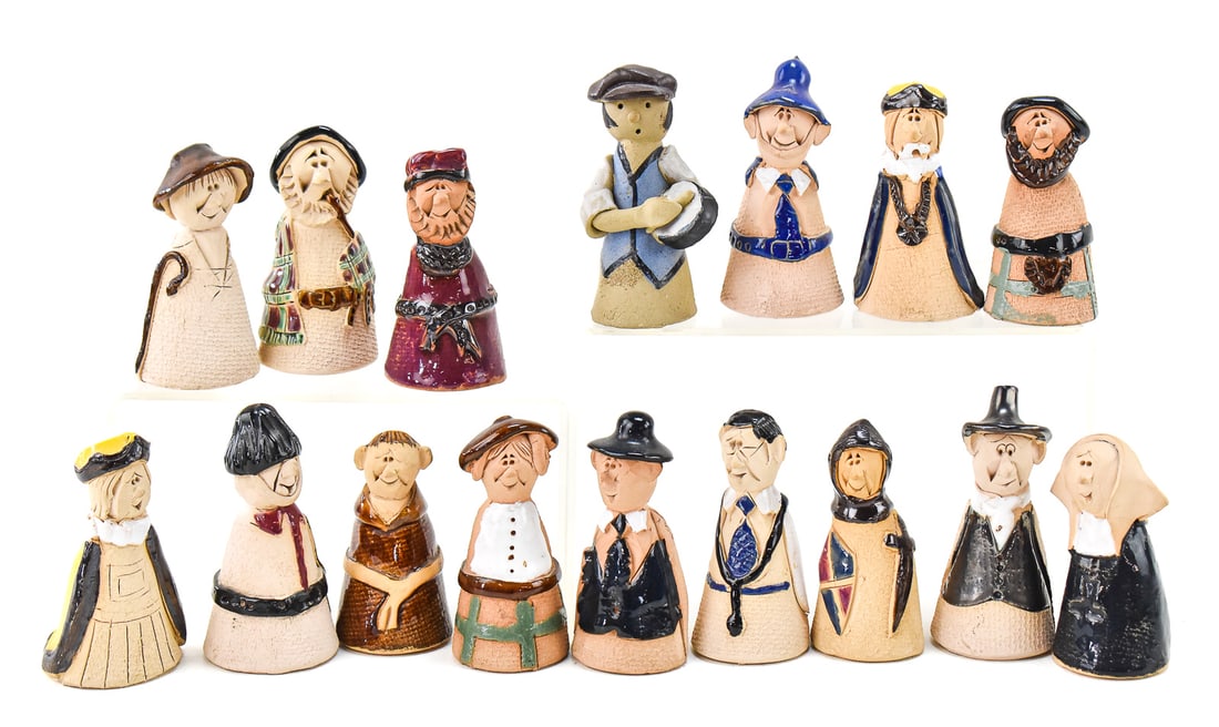 GILL TILLY POTTERY CANDLE SNUFFERS: 16 hand made candle snuffers from Wales that were made circa the 1970's. Collection includes; King & Queen, Doctor, Nun & Priest, Knight, Police Officer, Bobby, Monk, Farmer & Wife, Shepar