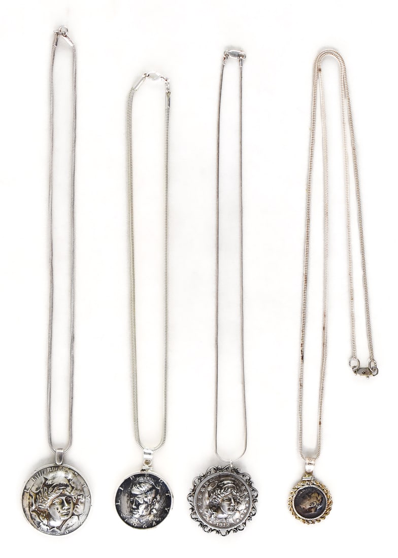 FOUR STERLING SILVER NECKLACES W/ U.S. COIN PENDANTS (1 of 3)