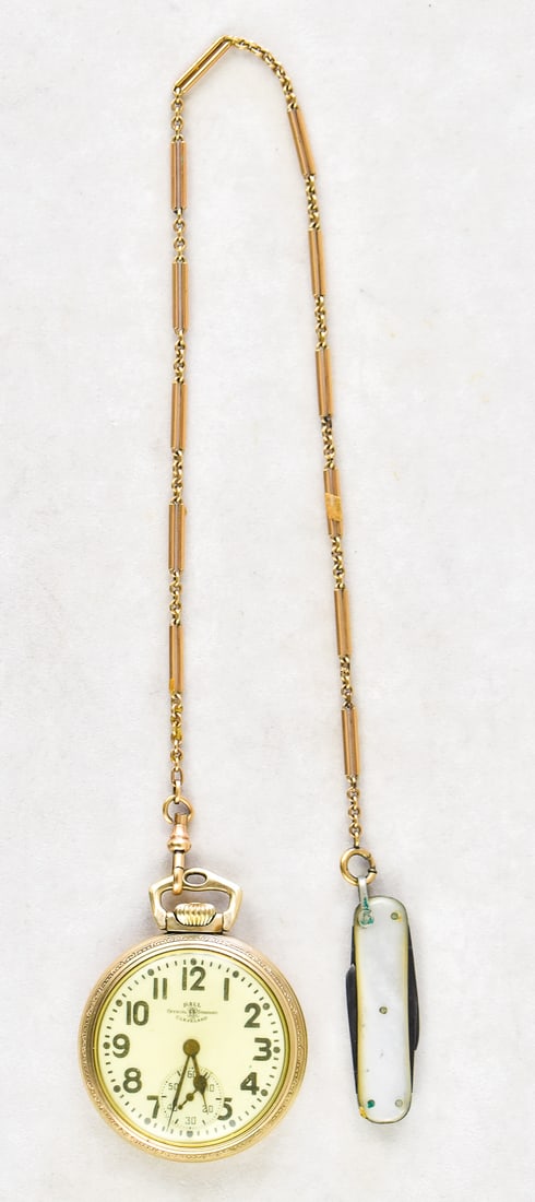 BALL WATCH CO. RR OFFICIAL STANDARD 999B W/ 10K GOLD-FILLED CASE, C. 1947: A Ball Watch Co. Railroad Official Standard 999B 21 jewel pocket watch with a 10k gold-filled case, made circa 1947. The watch has an enamel dial and a sub-second dial. The watch also includes a gold-