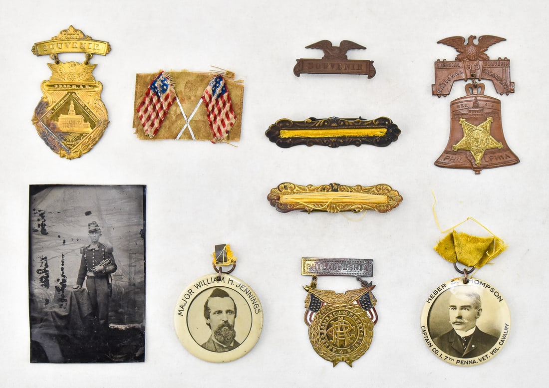 GRAND ARMY OF THE REPUBLIC PINS & MORE: LIBERTY BELL, REUNION SOUVENIRS, TINTYPE, & MORE: This lot includes a 1899 33rd Grand Army of the Republic National Encampment pin-back medal souvenir, C.M. Robbins 1899 33rd Grand Army of the Republic National Encampment Philadelphia pin-back medal,