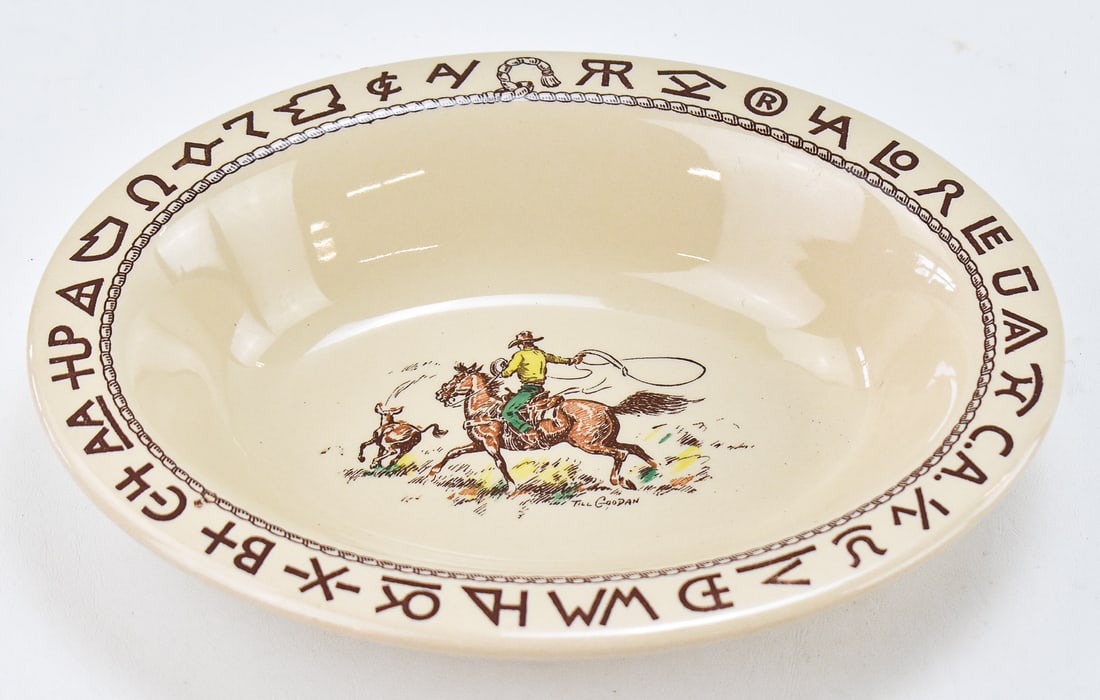 WALLACE CHINA WESTWARD HO 'RODEO' PATTERN OVAL VEGETABLE BOWL: A Wallace China Westward Ho "Rodeo" pattern oval vegetable bowl measuring 2.5" H x 12" W x 9.5" D.