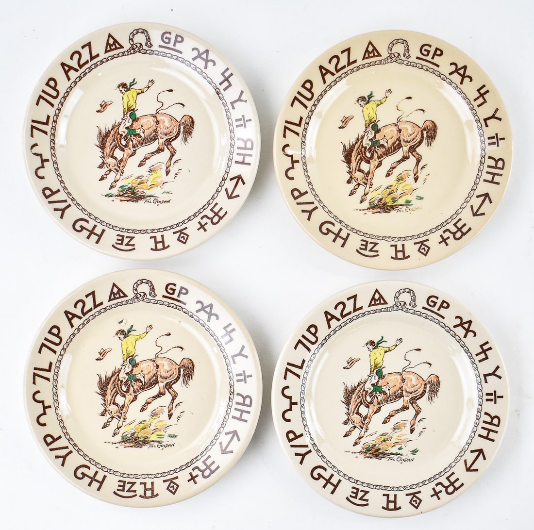WALLACE CHINA WESTWARD HO 'RODEO' PATTERN BREAD & BUTTER PLATES: A set of four Wallace China Westward Ho "Rodeo" pattern bread & butter plates measuring 7" H x 7" W x 0.25" D.