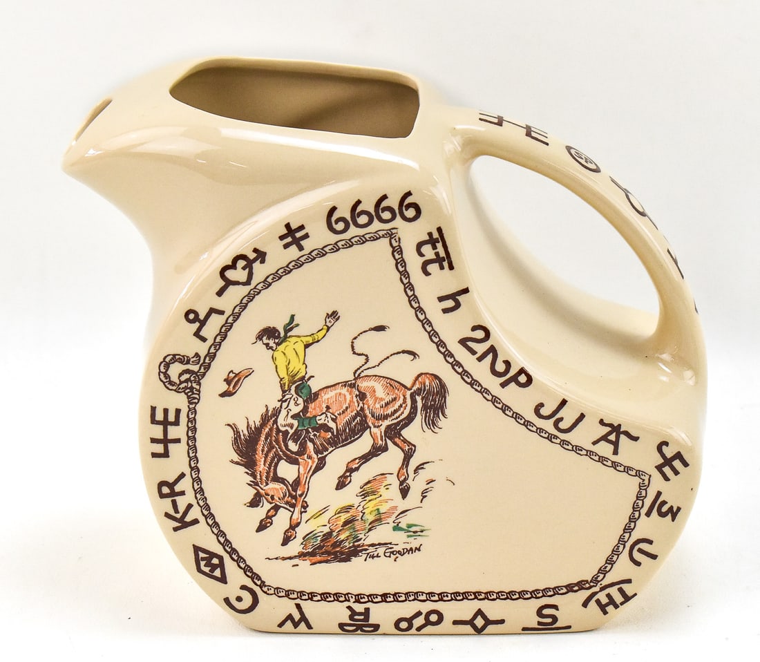 WALLACE CHINA WESTWARD HO 'RODEO' PATTERN PITCHER: A Wallace China Westward Ho "Rodeo" pattern pitcher measuring 7.5" H x 9" W x 4.25" D.