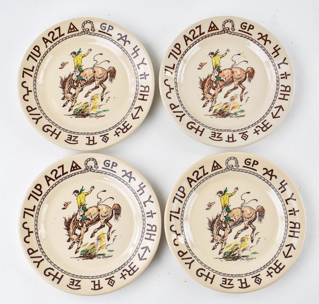 WALLACE CHINA WESTWARD HO 'RODEO' PATTERN BREAD & BUTTER PLATES: A set of four Wallace China Westward Ho "Rodeo" pattern bread & butter plates measuring 7"H x 7" W x 0.25" D.