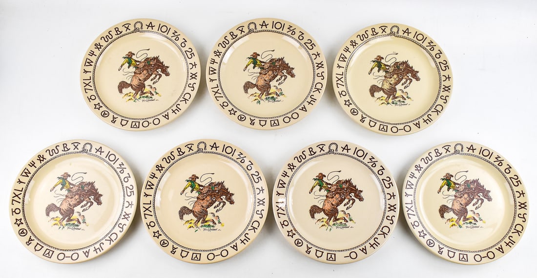 WALLACE CHINA WESTWARD HO 'RODEO' PATTERN DINNER PLATES: Seven circa 1950s Wallace China Westward Ho "Rodeo" pattern dinner plates. Each measures 10.75" H x 10.75" W x1" D.