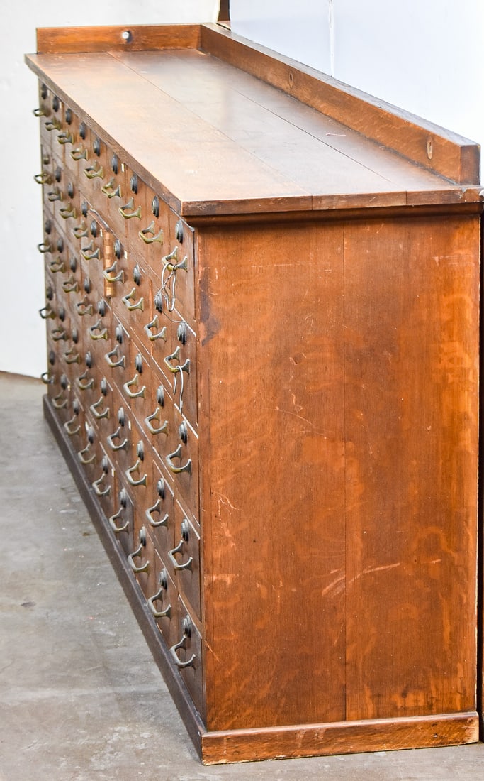OAK COUNTERTOP STORE HARDWARE CABINET, CIRCA EARLY 20TH C. (1 of 3)