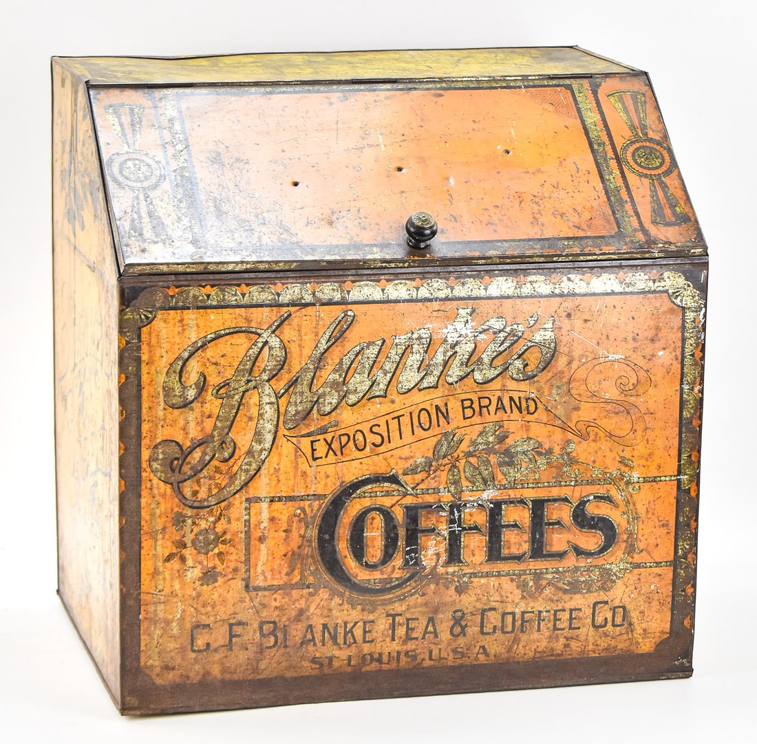 C.F. BLANKE TEA & COFFEE COMPANY 'BLANKE'S EXPOSITION BRAND' GENERAL STORE COUNTER-TOP COFFEE TIN: A C.F. Blanke Tea & Coffee Company "Blanke's Exposition Brand" general store counter-top coffee tin, circa turn of the 19th century. The item measures 19.5" H, 19.5" W, 14" D.
