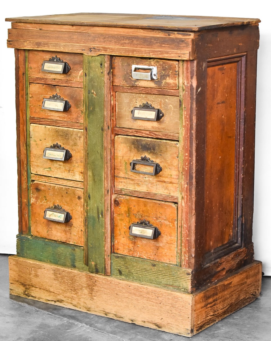MEIER & FRANK COMPANY EIGHT DRAWER PARTS CABINET; TURN OF THE 19TH CENTURY: A Meier & Frank Company eight drawer parts cabinet, circa turn of the 19th century. The item is marked "Meier & Frank Company" on multiple places including a drawer and on the frame. The item