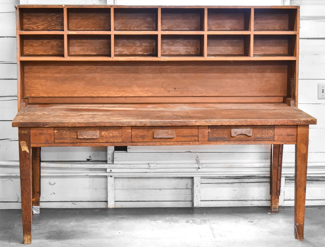 ANTIQUE TWO-PIECE CLERKS SORTING TABLE: Antique 1900s large clerks sorting table either from a mailroom or train station. It measures overall 56" H x 72" W x 37" D and comes apart into two pieces.