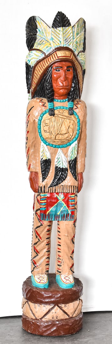 HAND-CARVED & HAND-PAINTED CIGAR STORE INDIAN CHIEF BY FRANK GALLAGHER: A vintage hand-carved and hand-painted cigar store Indian Chief by carver Frank Gallagher. The statue measures approx. 60" H x 11" W x 11" D.
