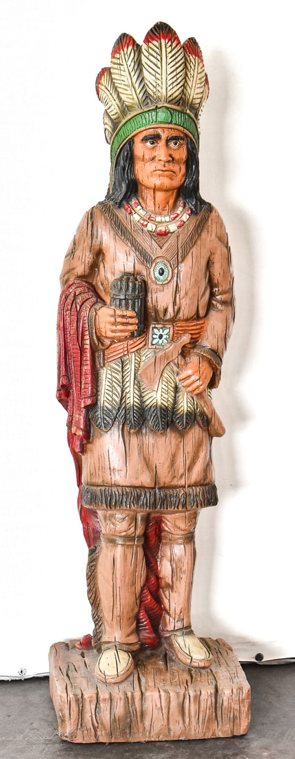 UNIVERSAL STATUARY CORP OF CHICAGO RESIN CIGAR STORE INDIAN CHIEF 1972: A vintage 1972 molded resin cigar store Indian Chief manufactured by Universal Statuary Corp. of Chicago and numbered 186. The statue measures 42" H x 12" W x 12" D.