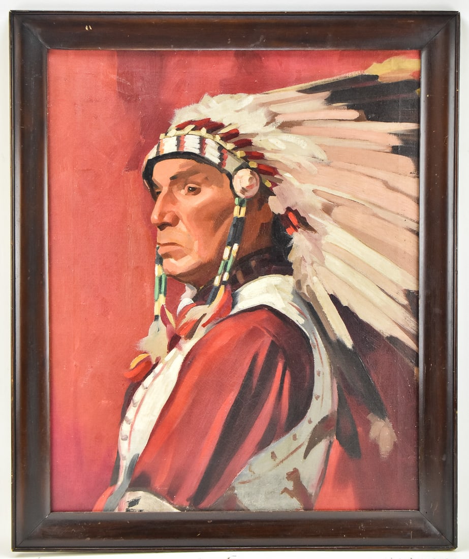 NATIVE AMERICAN CHIEF OIL PAINTING: Original oil painting on canvas featuring a Native American Chief in traditional feather and beaded headdress. Art measures 29.5" H x 23.5" W presented in a frame measuring 35" H x 28.5" W x 1.5" D.
