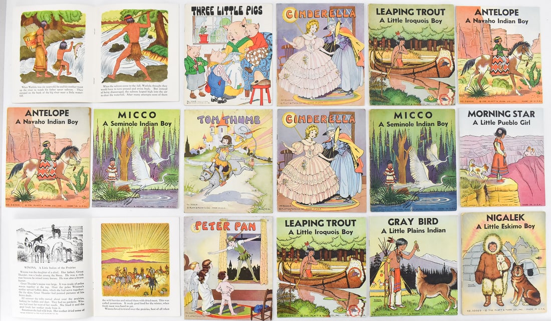 THE PLATT & MUNK COMPANY BOOKS: AMERICAN TRIBES & FAIRY TALES: This lot includes The Platt & Munk Company Incorporated books, circa 1932-1935: "Gray Bird" No. 3300A, "Winona" No. 3300B, two copies of "Leaping Trout" No. 3300C, "Nigalek" No. 3300D, two copies