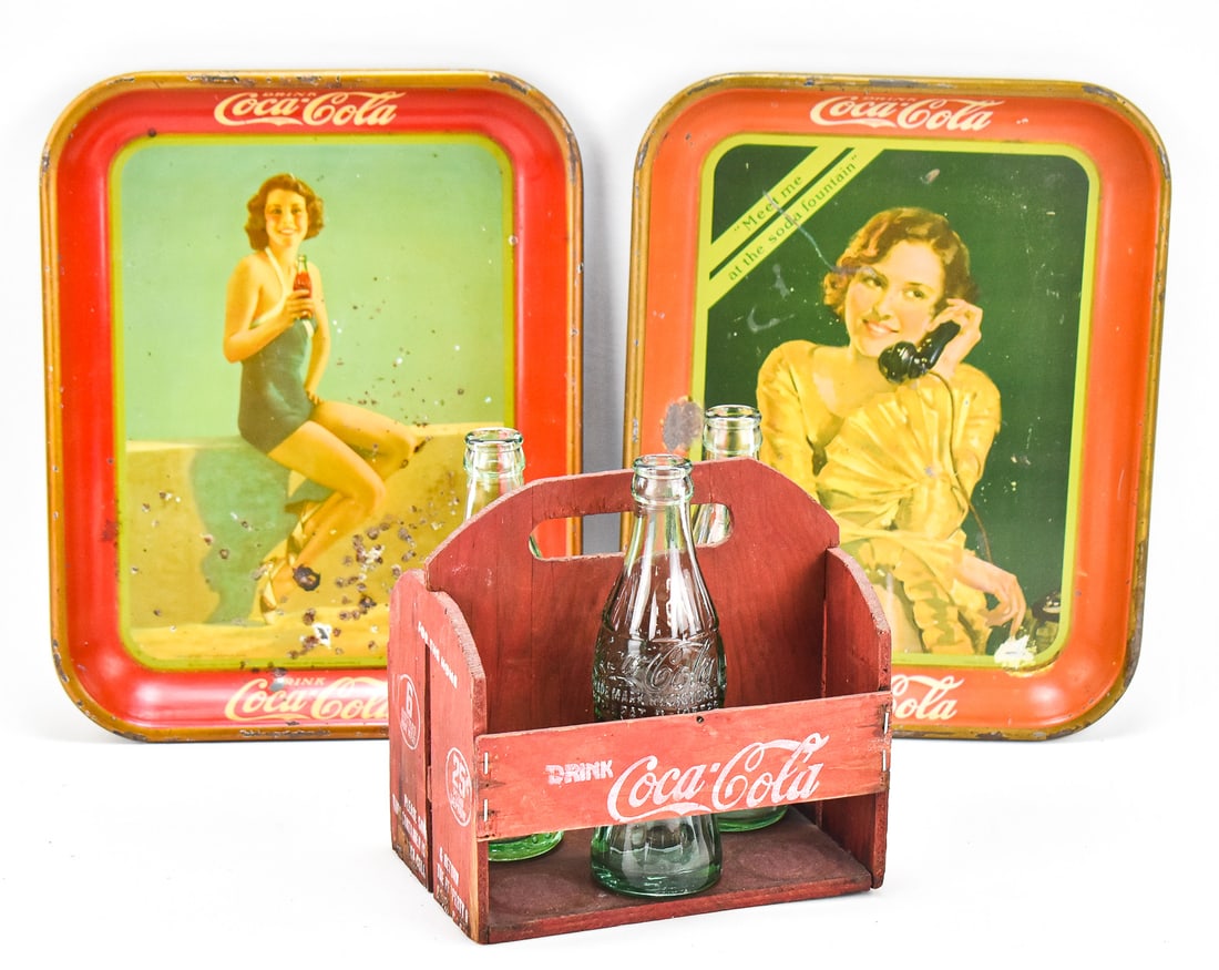 EARLY 20TH CENTURY COCA-COLA RELATED ITEMS: SERVING TRAYS, BOTTLES, BOTTLE CARRIER (1 of 4)