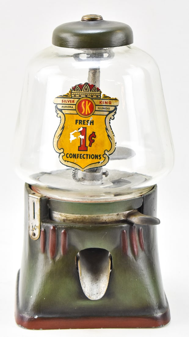 SILVER KING POLYCHROME ONE CENT 'CONFECTIONS' GUM BALL VENDING MACHINE: A Silver King polychrome one cent "Confections" gum ball vending machine, circa 1930-1940s. The item measures 13.5" H, 7.5" W, 7.5" D.