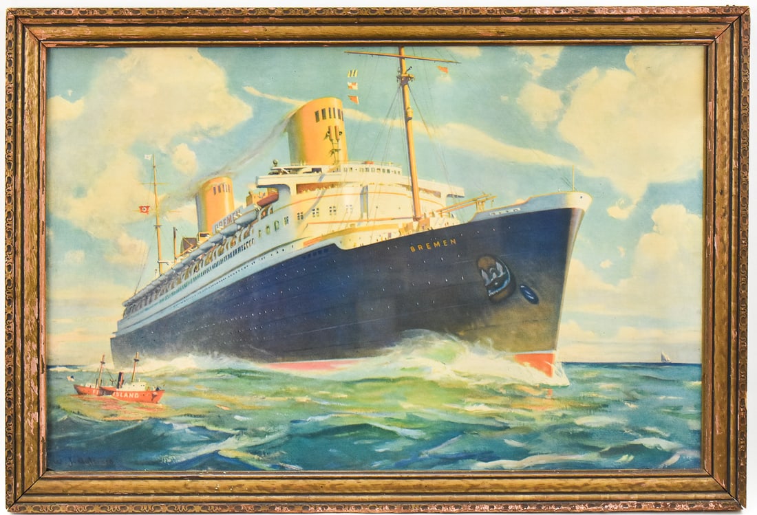 SS BREMEN LITHOGRAPH BY WJ AYLWARD: Lithographic print on paper by WJ Aylward depicting the German ocean liner SS Bremen in the 1930's. Art measures 16.5" H x 25.5" W presented in a frame measuring 19.5" H x 28.5" W x 1" D.