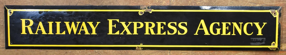 RAILWAY EXPRESS AGENCY SSP SIGN: A single sided porcelain enameled sign for the Railway Express Agency. The sign measures 11.5" H x 72" W x 0.75" D.