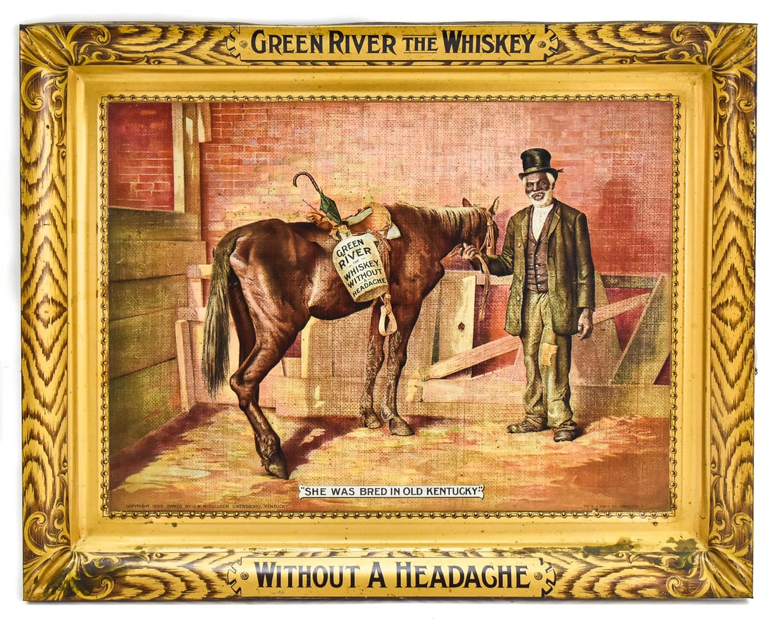 J.W. MCCULLOCH GREEN RIVER WHISKEY TIN LITHO ADVERTISEMENT SIGN: The H.D. Beach Company J.W. McCulloch Green River whiskey tin litho Black Americana advertisement "She was bred in Old Kentucky" sign, copyrighted 1899. The item measures 15.5" H, 19.5" W, 1.5" D.