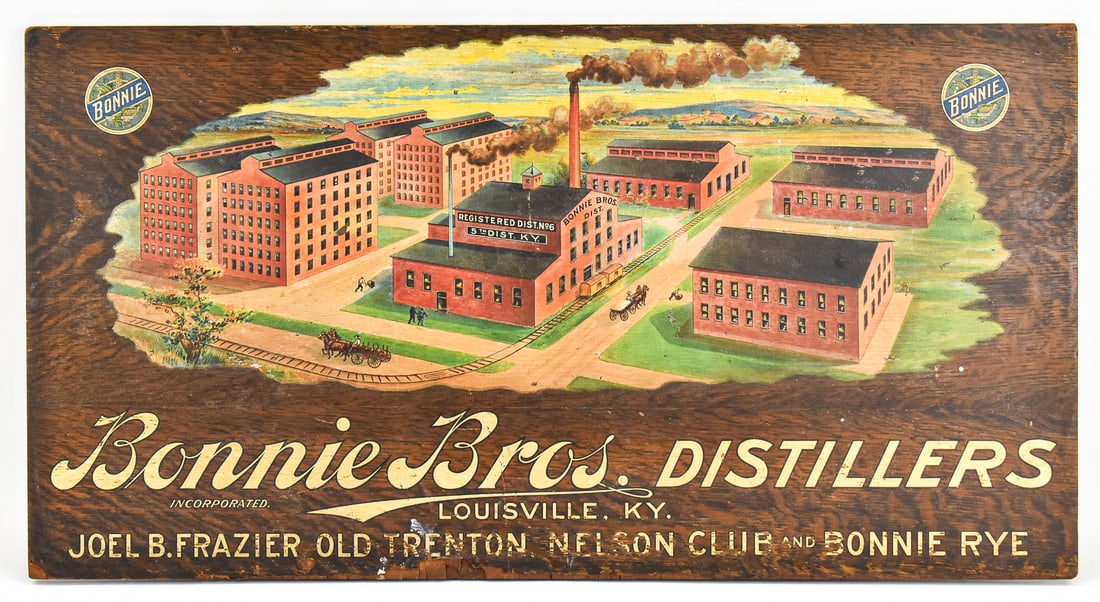 THE MEYERCORD COMPANY BONNIE BROTHERS DISTILLERS WOODEN ADVERTISEMENT: The Meyercord Company Incorporated Decalcomania advertisement for Bonnie Brothers Distillers on a wooden board, circa early 1900s. The item measures 18" H, 34" W, 0.5" D.