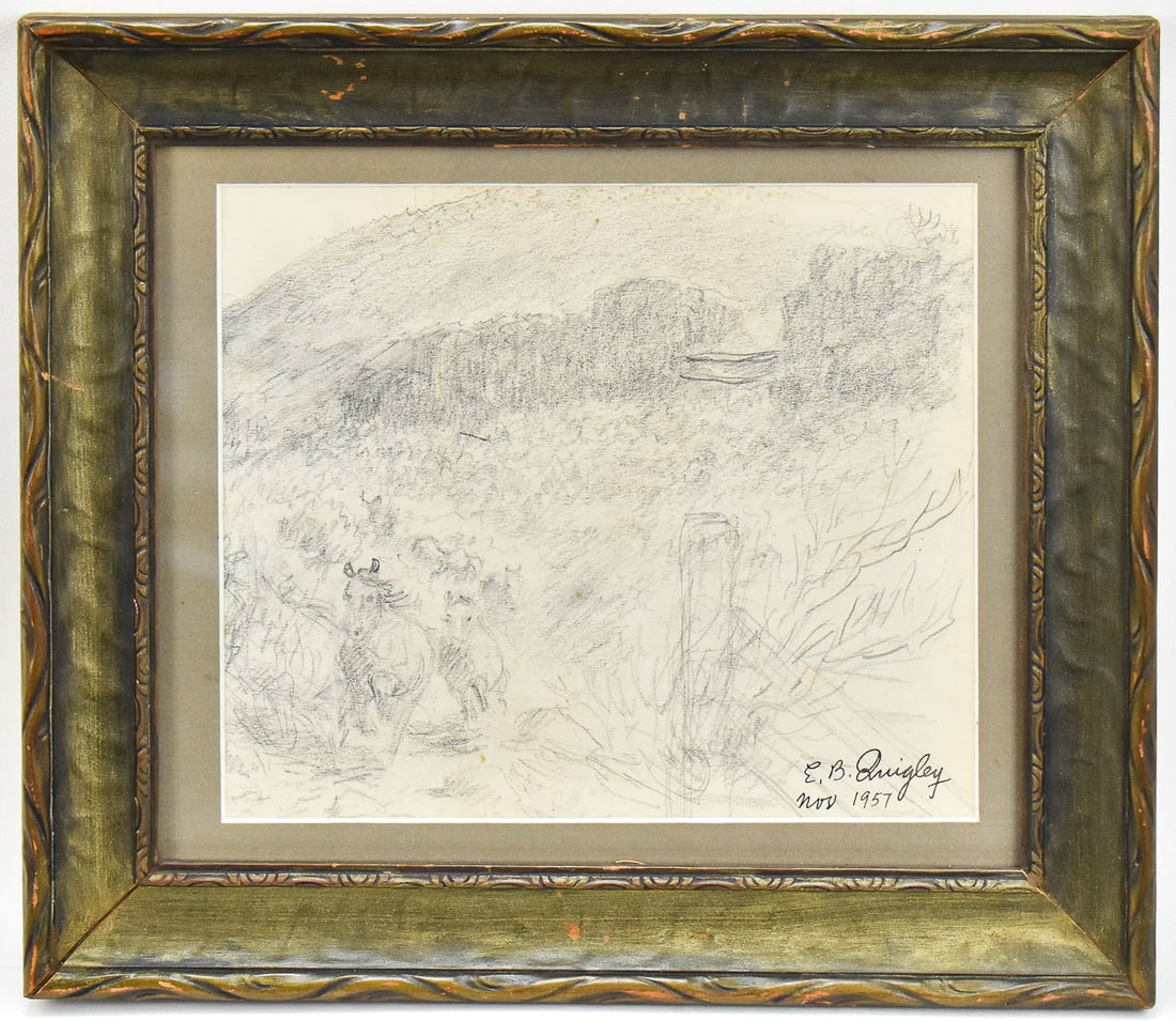 EDWARD BURNS QUIGLEY 'WESTERN SCENE' PENCIL SKETCH: An original pencil sketch on paper by listed Oregon artist, Edward Burns Quigley (1895 â€“ 1984), signed lower right and dated November 1957. Art measures 7" H x 8.5" W, mounted in