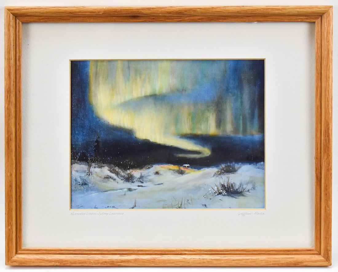 SYDNEY LAWRENCE 'NORTHERN LIGHTS - GRIFFINS ALASKA' PRINT: Print on paper by listed artist, Sydney Mortimer Laurence (AK, CA, NY, 1865 â€“ 1940), titled "Northern Lights" lower left, "Griffins - Alaska", lower right. Art measures 7" H x 9" W