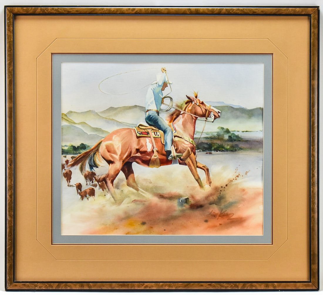 JAN KUNZ 'CUTTING HORSE' WATERCOLOR PAINTING: Original watercolor painting "Cutting Horse" on paper by listed Oregon artist, Jan Kunz (1922-), signed lower right. Art measures 17.5" H x 20" W presented in a frame measuring