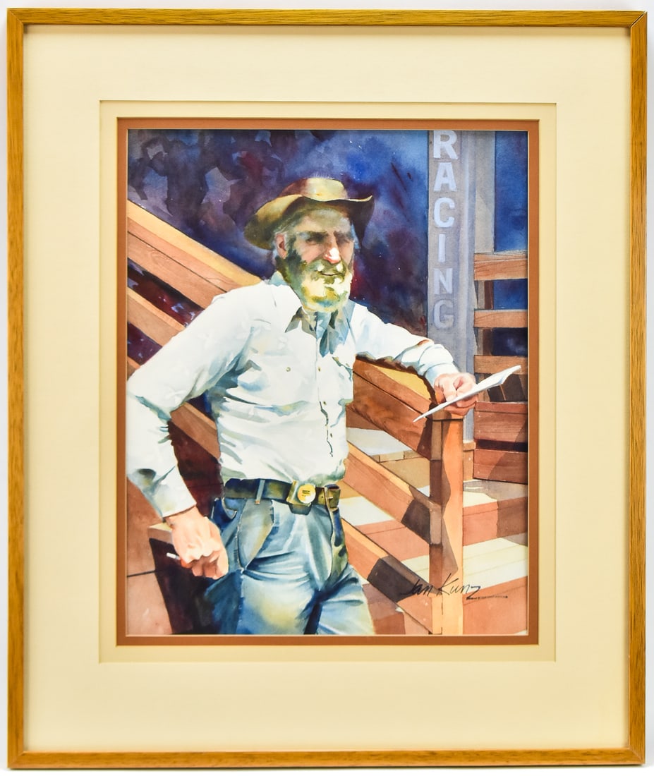 JAN KUNZ 'COWBOY' WATERCOLOR PAINTING: Original watercolor painting on paper by listed Oregon artist, Jan Kunz (1922-), signed lower right. Features a cowboy's portrait. Art measures 18.5" H x 15" W presented in a frame