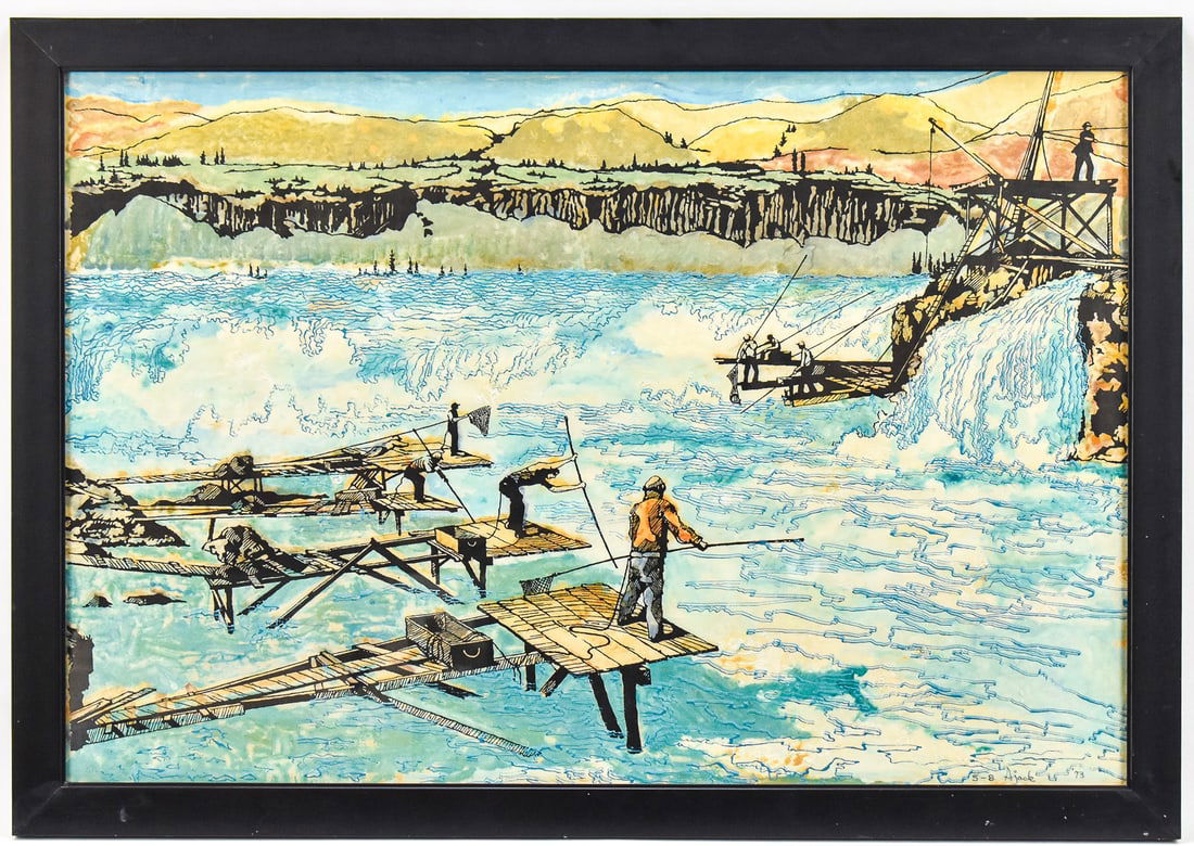 'CELILO FALLS' MIXED MEDIA ART BY AJACK: Original mixed media art on paper by artist, Ajack, signed lower right and dated '73. Features the historic Celilo Falls tribal dip net fishing platforms on the Columbia River, east of the Cascades