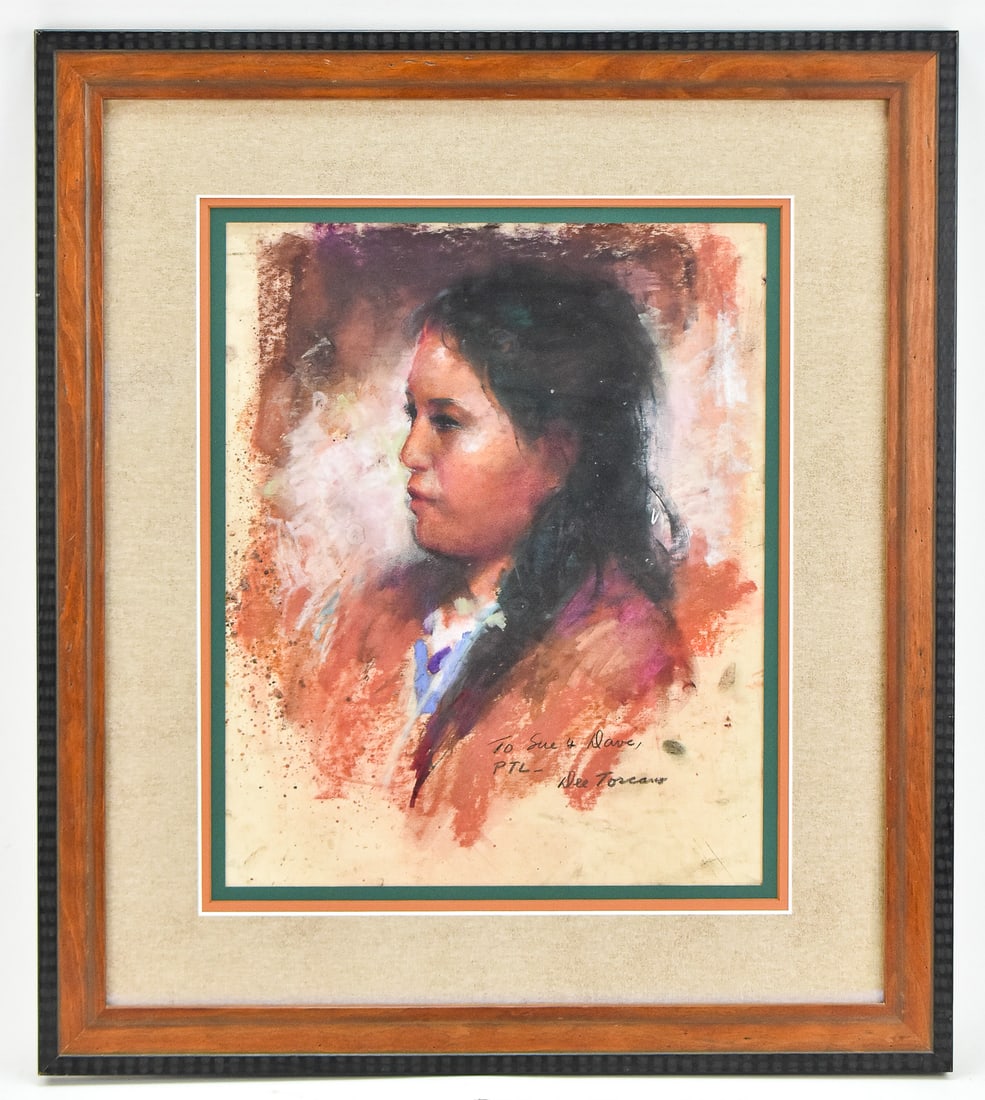 DEE TOSCANO 'NATIVE AMERICAN WOMAN' PASTEL PORTRAIT: Original Native American portrait in pastel on paper by listed artist, Dee Toscano (CO, 1932-2018), signed lower right. Art measures 16" H x 13" W presented in a frame measuring 25.5" H x 22" W x 1"