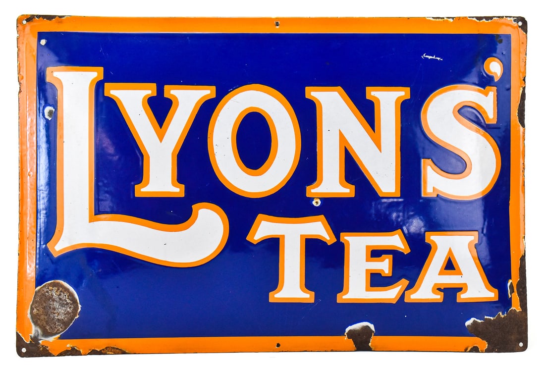 ORIGINAL LYONS TEA CONVEX PORCELAIN ENAMEL SIGN: An original convex Lyons Tea porcelain enamel sign measuring 20" H x 30" W X 2.5" D.