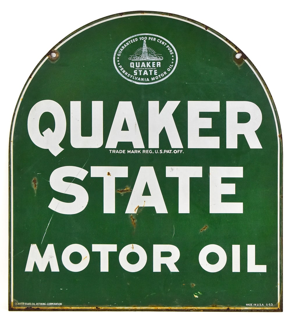 ORIGINAL QUAKER STATE MOTOR OIL DOUBLE-SIDED TOMBSTONE SIGN: Vintage 1977 Quaker State Motor Oil double-sided tombstone metal sign which measures 29.5" H x 26.25" W x 0.25" D.