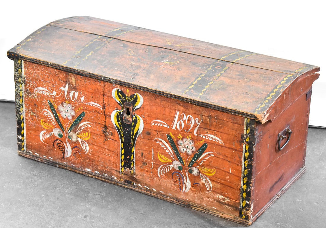 SCANDINAVIAN FOLK ART CHEST: Chest is circa 1890's with the year 1897 painted on the front and the name "Aar". Material is cedar with the measurements of 16" H x 37" W x 18.5" D.