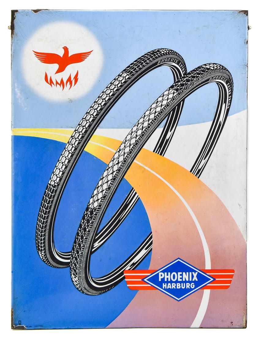 ORIGINAL PORCELAIN ENAMEL PHOENIX HARBURG BICYCLE TIRES ADVERSTISING SIGN: An original porcelain enamel Phoenix Harburg bicycle tires advertising sign which measures 30.5" H x 23" W x 0.5" D.