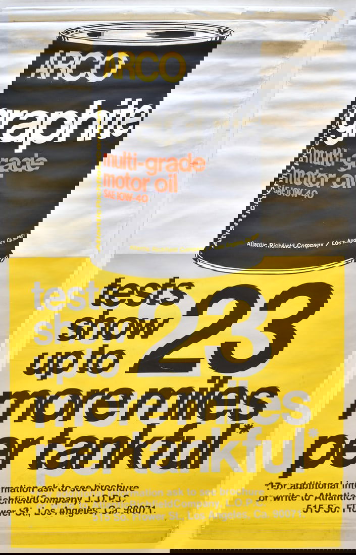 ARCO MOTOR OIL VINTAGE POSTER, C. 1980s: An ARCO graphite multi-grade motor oil advertisement poster circa 1980's. The poster has a wood support on the top an bottom and is made of a heavy-duty rosin or canvas paper. The poster measures 76"