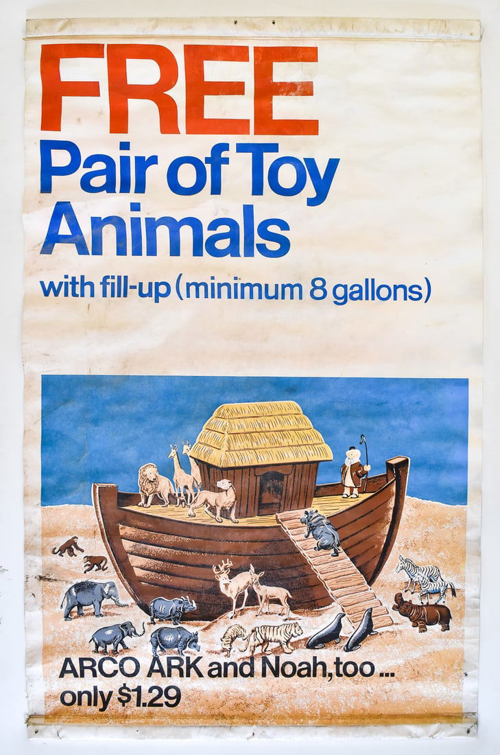 1973 DURINEL SIGNED GOLDEN STATE INTERNATIONAL MERCHANDISING COMPANY ARKO GASOLINE NOAH'S ARK TOY: A Golden State International Merchandising Company Arko gasoline advertising poster "Free Pair of Animals with Fill-up" featuring Noah's Ark signed on the back "Durinel", circa 1970s. The item