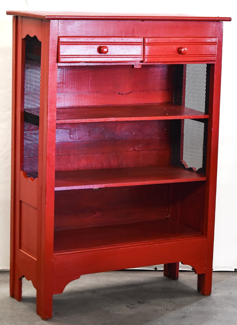 RED PAINTED WOODEN PIE SAFE: A red painted wooden pie safe with multiple shelves and wire mesh sides. The pie safe measures 54" H x 39" W x 16" D.