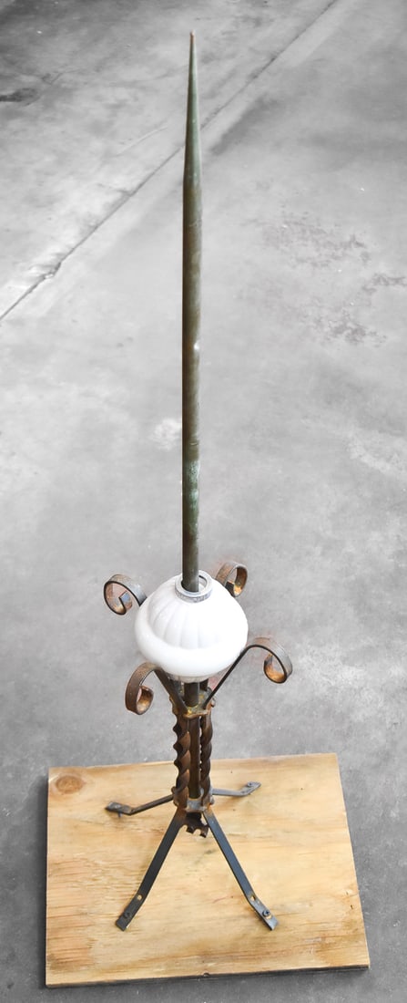 LIGHTING ROD: Lightning rod is made of wrought iron and opaque glass globe. Rod is connected to a 1/4" cut of plywood. Measurements when full assembled are 40.5" H x 14" W x 11.75" D.