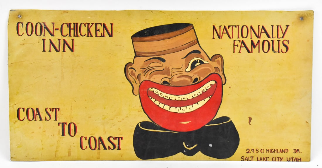 20TH CENTURY HAND-PAINTED 'C. CHICKEN INN' METAL ADVERTISING SIGN: A hand-painted "C. Chicken Inn" metal advertising sign, circa early-mid 20th century. The sign measures 11" H, 22.5" W, 0.5" D.
